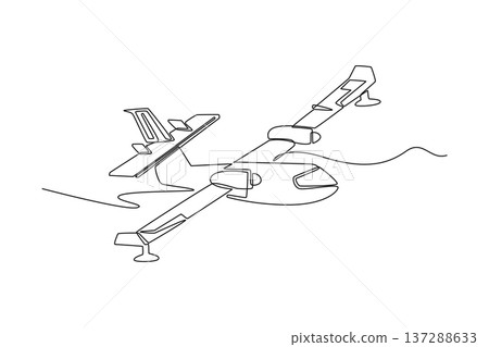 Single one line drawing specialized seaplane or amphibious aircraft, capable landing on water for remote rescue operation. Wing-mounted engines. continuous line draw design graphic vector illustration 137288633