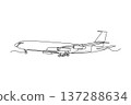 Single one line drawing side view of jet aircraft, medical evacuation transport plane. Smooth fuselage, engine placement, speed and efficiency. continuous line draw design graphic vector illustration 137288634