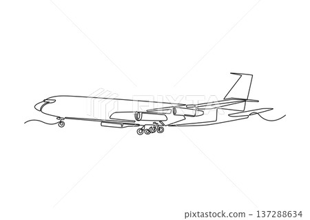 Single one line drawing side view of jet aircraft, medical evacuation transport plane. Smooth fuselage, engine placement, speed and efficiency. continuous line draw design graphic vector illustration Single one line drawing side view of jet aircraft, medical evacuation transport plane. Smooth fuselage, engine placement, speed and efficiency. continuous line draw design graphic vector illustration 137288634