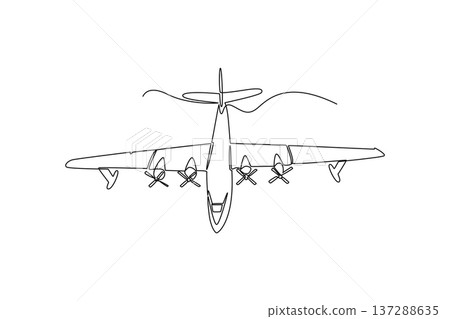 Single one line drawing top view propeller plane, search and rescue or aerial firefighting. Expansive wingspan and aerodynamic form of aircraft. continuous line draw design graphic vector illustration Single one line drawing top view propeller plane, search and rescue or aerial firefighting. Expansive wingspan and aerodynamic form of aircraft. continuous line draw design graphic vector illustration 137288635