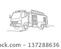 Single one line drawing fire truck with storage compartments and roof equipment. Essential form of this life-saving emergency transport vehicle. Continuous line draw design graphic vector illustration 137288636