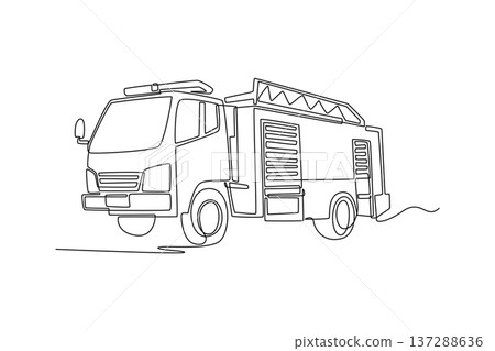 Single one line drawing fire truck with storage compartments and roof equipment. Essential form of this life-saving emergency transport vehicle. Continuous line draw design graphic vector illustration 137288636