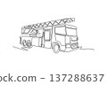 Single one line drawing specialized fire engine with extendable aerial ladder. Protective, urgent nature of emergency response vehicles. Modern continuous line draw design graphic vector illustration 137288637