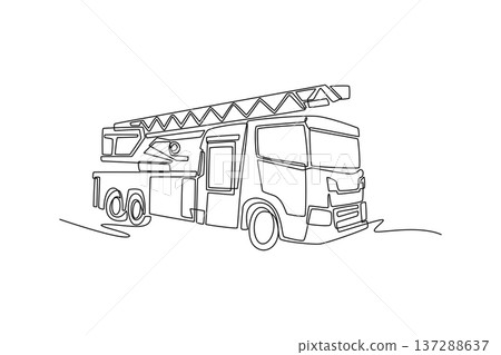 Single one line drawing specialized fire engine with extendable aerial ladder. Protective, urgent nature of emergency response vehicles. Modern continuous line draw design graphic vector illustration Single one line drawing specialized fire engine with extendable aerial ladder. Protective, urgent nature of emergency response vehicles. Modern continuous line draw design graphic vector illustration 137288637
