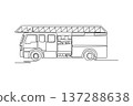 Continuous one line drawing side view of fire engine with long roof ladder. Length of the vehicle and the organized arrangement of storage panels. Single line draw design vector graphic illustration 137288638