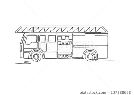 Continuous one line drawing side view of fire engine with long roof ladder. Length of the vehicle and the organized arrangement of storage panels. Single line draw design vector graphic illustration Continuous one line drawing side view of fire engine with long roof ladder. Length of the vehicle and the organized arrangement of storage panels. Single line draw design vector graphic illustration 137288638