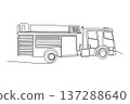 Continuous one line drawing robust urban fire engine with storage and heavy chassis for city response. Functional and emergency gear rescue vehicle. Single line draw design vector graphic illustration 137288640