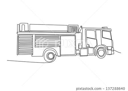 Continuous one line drawing robust urban fire engine with storage and heavy chassis for city response. Functional and emergency gear rescue vehicle. Single line draw design vector graphic illustration Continuous one line drawing robust urban fire engine with storage and heavy chassis for city response. Functional and emergency gear rescue vehicle. Single line draw design vector graphic illustration 137288640