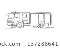 Continuous one line drawing fire engine designed for airport or industrial rescue. Long chassis and integrated equipment locker of response vehicle. Single line draw design vector graphic illustration 137288641