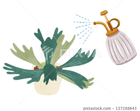 Mist spray and potted staghorn fern watercolor hand-drawn illustration 137288643