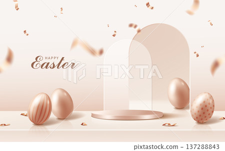 紅色金色的標籤、大門、彩色方塊和圓形產品展示平台、復活節期間各種海洋新聞和宣傳公告、雕刻材料片。 137288843