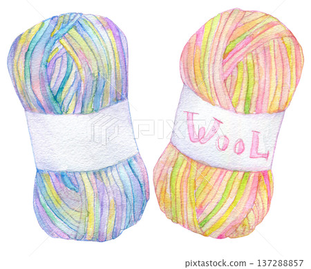 Watercolor illustration, hand-drawn, colorful yarn 137288857