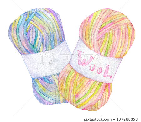 Watercolor illustration, hand-drawn, colorful yarn Watercolor illustration, hand-drawn, colorful yarn 137288858