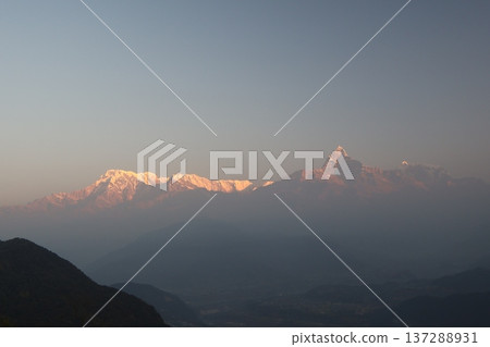 碧空如洗,晨曦灑在喜馬拉雅山脈上,皚皚白雪覆蓋的山脈,朦朧的山巒,以及博卡拉小鎮的景色,盡收眼底。 碧空如洗,晨曦灑在喜馬拉雅山脈上,皚皚白雪覆蓋的山脈,朦朧的山巒,以及博卡拉小鎮的景色,盡收眼底。 137288931