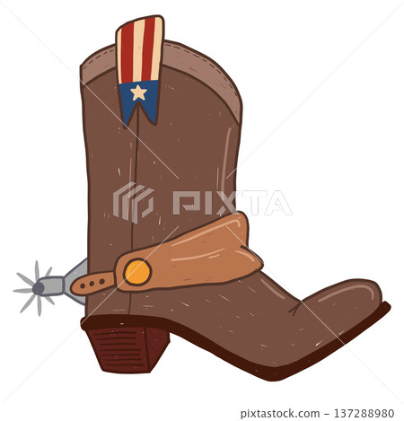Western cowboy boot with spur and leather strap buckle in childlike hand drawn vintage style Western cowboy boot with spur and leather strap buckle in childlike hand drawn vintage style 137288980