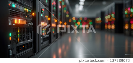 Modern Data Center with Illuminated Server Racks for Technology and IT Solutions Generative AI 137289073