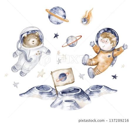 Space astronaut illustration watercolor hand painted. Cartoon galaxy scene with planet, moon, stars, spaceship, cute bear in space suit. Poster, printable wall art for children, kindergarten design. 137289216