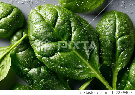 Fresh Spinach Leaves with Dew Drops for Healthy Cooking and Design Generative AI 137289409