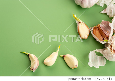 organic garlic vegetable ingredient minimal green background 137289514