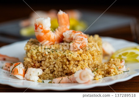seafood bulgur dish with shrimp healthy dinner plate 137289518