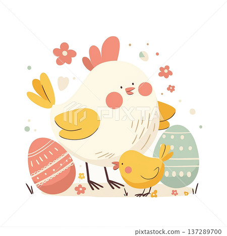 Chick and chick celebrate Easter with colorful eggs in a simple setting 137289700