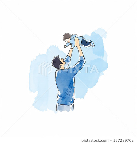Man lifts child in the air in a playful moment during a sunny day at home Man lifts child in the air in a playful moment during a sunny day at home 137289702
