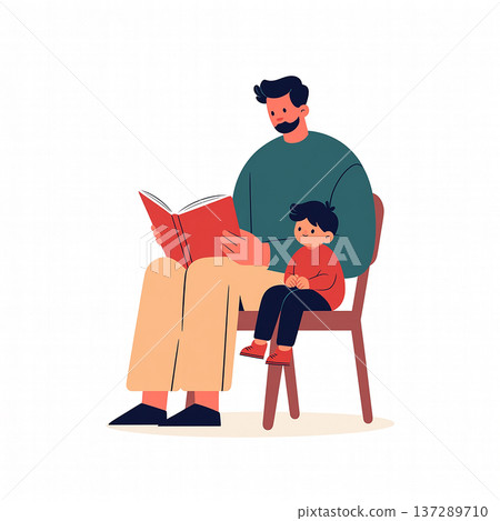Father reads a story to child while sitting on a chair in a cozy indoor space at a simple home setting Father reads a story to child while sitting on a chair in a cozy indoor space at a simple home setting 137289710