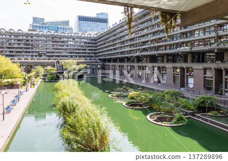 Pond and brutalist architecture at Barbican, London, UK Pond and brutalist architecture at Barbican, London, UK 137289896