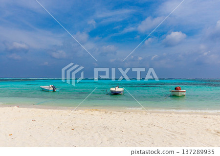 Turquoise waters meet white sand under a bright sky Turquoise waters meet white sand under a bright sky 137289935