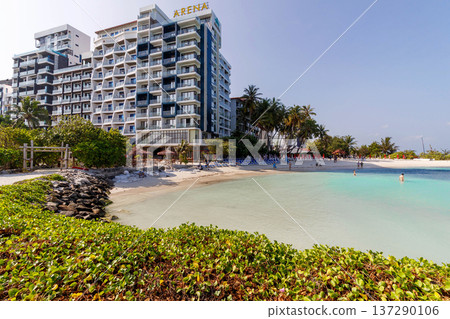 Sunlit beach meets turquoise waters and lush greenery Sunlit beach meets turquoise waters and lush greenery 137290106
