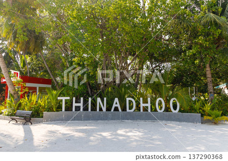 Lush greenery frames a bold white sign 137290368