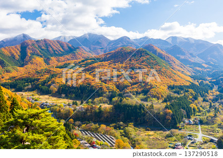 山形縣山形市的秋景-從五大堂眺望落日下的立石寺(山寺)。 山形縣山形市的秋景-從五大堂眺望落日下的立石寺(山寺)。 137290518