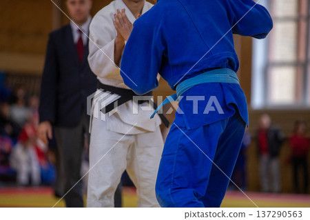 Two judo athletes facing each other Two judo athletes facing each other 137290563
