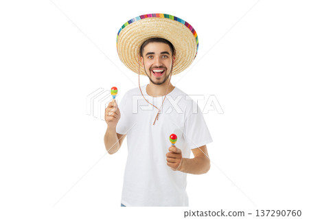 Man in sombrero shakes maracas at celebration, isolated, PNG 137290760