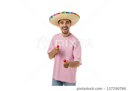 Man wears sombrero and smiles while holding maracas, isolated, PNG Man wears sombrero and smiles while holding maracas, isolated, PNG 137290766