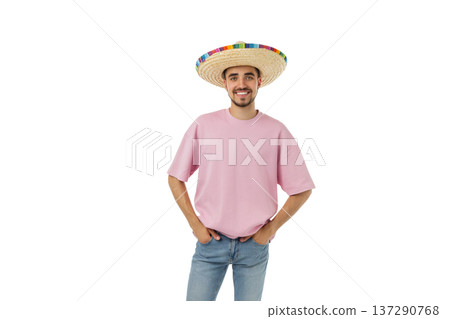 Man stands with a sombrero, celebrating Cinco de Mayo, isolated, PNG Man stands with a sombrero, celebrating Cinco de Mayo, isolated, PNG 137290768