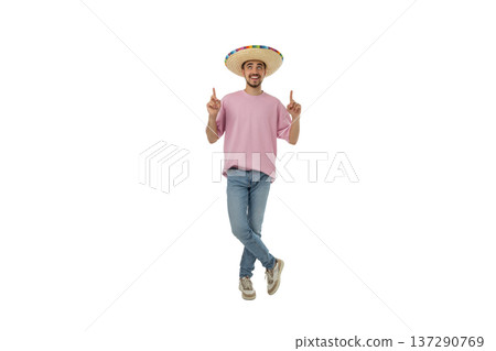 Man smiles in sombrero, fingers up, isolated, PNG Man smiles in sombrero, fingers up, isolated, PNG 137290769