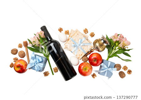 Passover includes wine, apples, gifts, and flowers, isolated, PNG Passover includes wine, apples, gifts, and flowers, isolated, PNG 137290777