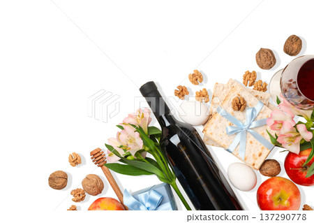 Passover with wine, matzah, apples, and blooms, isolated, PNG Passover with wine, matzah, apples, and blooms, isolated, PNG 137290778