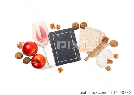 Passover includes matzah, wine, fruits, and Seder, isolated, PNG 137290780
