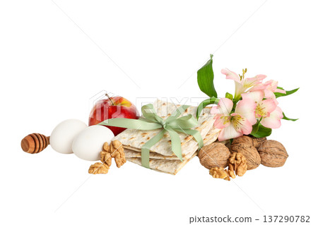 Passover items: matzah, apples, walnuts, flowers, isolated, PNG Passover items: matzah, apples, walnuts, flowers, isolated, PNG 137290782