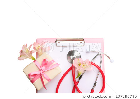 Flowers and a gift on a clipboard with a stethoscope, isolated, PNG Flowers and a gift on a clipboard with a stethoscope, isolated, PNG 137290789
