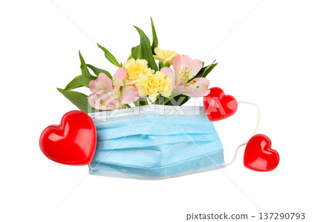 Mask adorned with flowers and hearts for Nurses Day, isolated, PNG 137290793