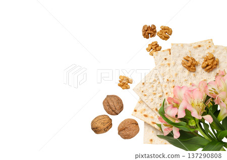 Passover display with matzah, walnuts, and flowers, isolated, PNG Passover display with matzah, walnuts, and flowers, isolated, PNG 137290808