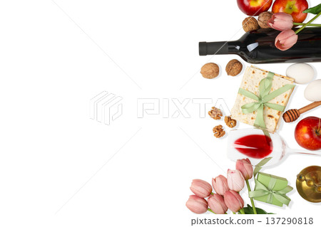 Passover includes wine, matzah, apples, and flowers, isolated, PNG 137290818