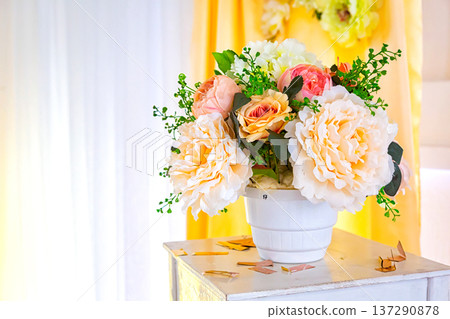 wedding the decorated yellow with fabrics and compositions from fresh flowers, 137290878