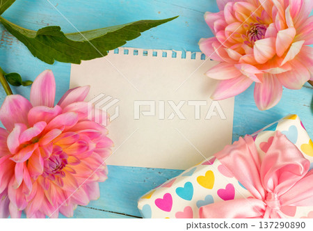 summer background. light pink dahlias on a wooden blue background, 137290890