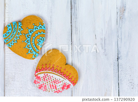 Heart shaped cookies for valentine day on wooden table. Top view, copy space 137290920