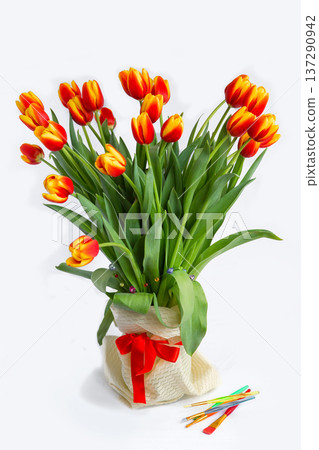Red tulips bouquet in white pot isolated over white background. Mothers Day, Birthday, Valentines Day concept. Red tulips bouquet in white pot isolated over white background. Mothers Day, Birthday, Valentines Day concept. 137290942