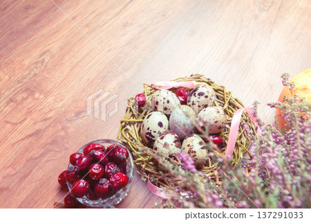spring composition, nest with eggs near the bunch of heather, Easter. 137291033